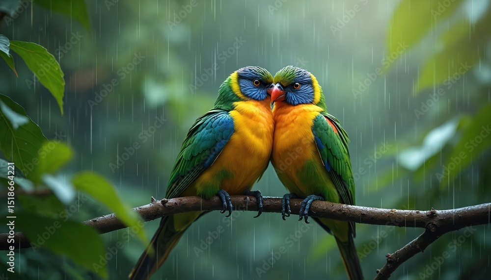 Illustration depicts two vibrant colorful parrots perched on branch in misty forest. Gentle rain falls. Lush green leaves enhance a tranquil rainforest scene. Peaceful moment, wildlife, nature scene. Illustration depicts two vibrant colorful parrots perched on branch in misty forest. Gentle rain falls. Lush green leaves enhance a tranquil rainforest scene. Peaceful moment, wildlife, nature scene.
