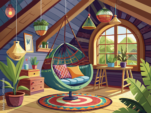 vector of Cozy hanging chair in the attic living room with a stylish and bohemian design...