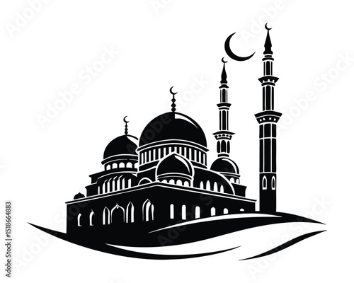 Majestic Mosque Silhouette with Crescent Moon and Minarets