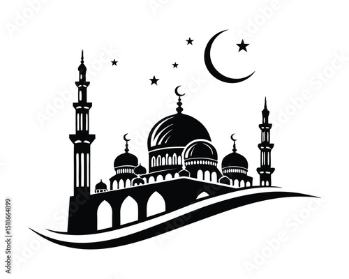 Mosque Silhouette with Crescent Moon and Stars Night Scene