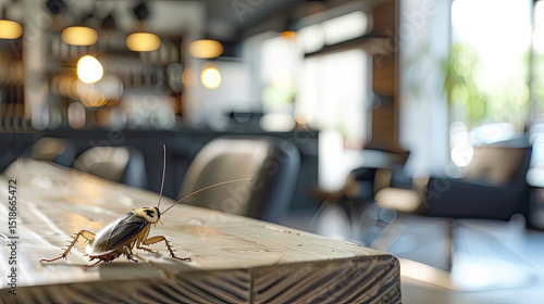Cockroach crawling on table in restaurant, pest control problem