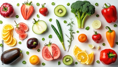 Assortment of fresh vegetables fruits, food items on white background. Tomato, kiwi, orange, strawberry, lemon, apple, pepper, broccoli, eggplant. Healthy eating concept, vegetarian vegan diet. Top