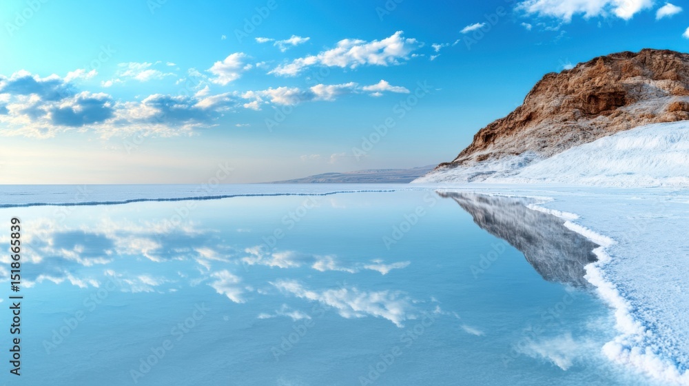 Fototapeta premium Reflections of rocky cliffs and clouds create a serene atmosphere as the sun sets over the tranquil water. This desert location showcases the beauty of nature and its colors.