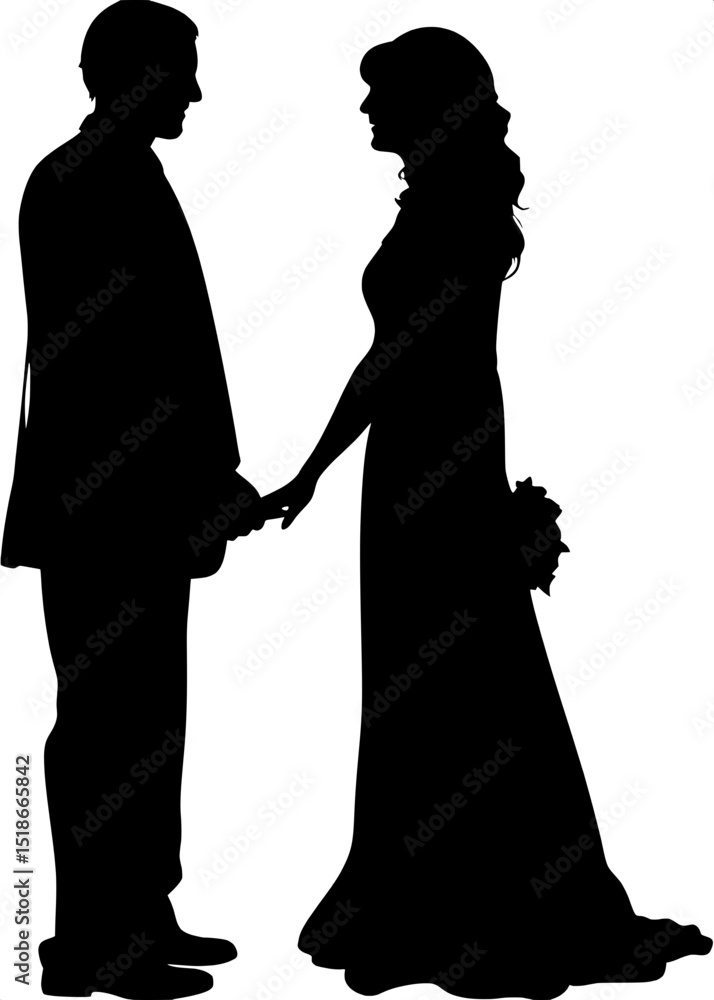 A man and a woman, depicted as silhouettes, stand facing each other in profile. The man holds the woman's hand gently. She wears a long flowing dress, and he is in a suit. The background is plain whit A man and a woman, depicted as silhouettes, stand facing each other in profile. The man holds the woman's hand gently. She wears a long flowing dress, and he is in a suit. The background is plain whit