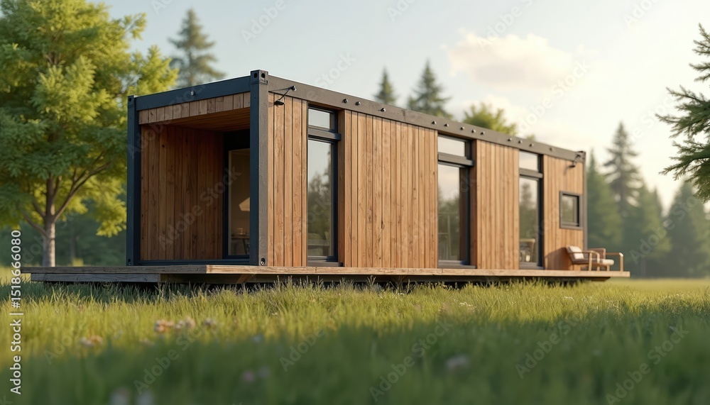 Modern sustainable eco house made from construction shipping container sheathed in wooden boards, surrounded nature. Contemporary cabin, residential architecture. Eco-friendly building in forest. Modern sustainable eco house made from construction shipping container sheathed in wooden boards, surrounded nature. Contemporary cabin, residential architecture. Eco-friendly building in forest.
