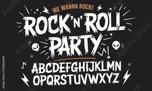 Highly Detailed Vibrant Rock and Roll Party Typography and Font Set with Skull and Lightning Bolt Accents for Music Events and Promotions