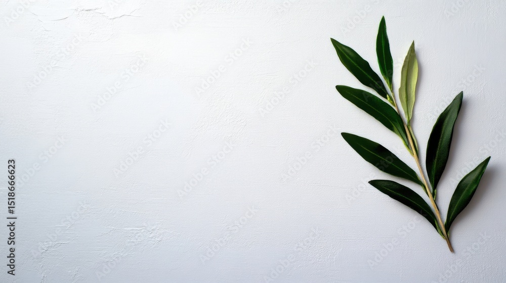 Fototapeta premium A fresh green olive branch is elegantly arranged on a textured white surface. The contrast highlights the natural beauty of the leaves, perfect for design and decor themes.
