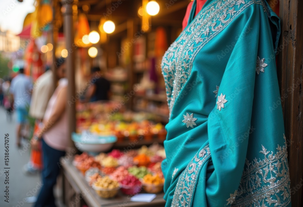 Fototapeta premium Vibrant turquoise saree adorned with intricate embroidery in a market setting