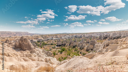 Red Valley and Rose Valley of Goreme of Nevsehir in Cappadocia aerial timelapse, Turkey.