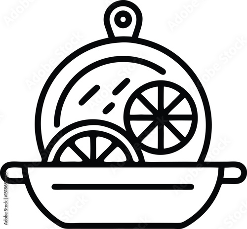Outline silhouette icon of a delicious fajita dish on a grill pan with lime