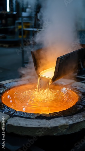 Molten glass pouring into a stone mold hot liquid water background