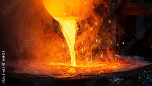 Molten metal pouring into crucible hot liquid background