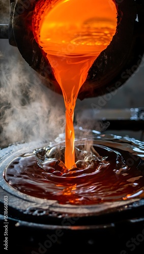 Molten metal pouring into mold hot liquid water background