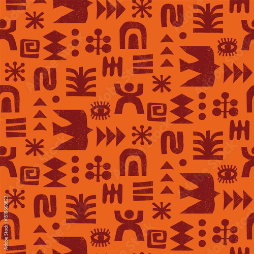 Black and orange tribal seamless pattern with geometric symbols