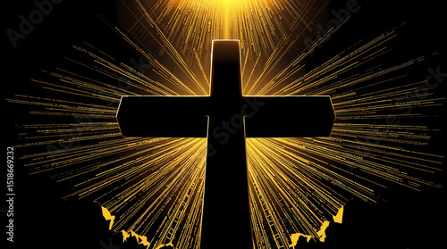 Minimalist cross, high-angle perspective, warm golden glow, radiant and luxurious, looking down, elevated viewpoint.