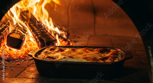 Delicious homemade lasagna baking in rustic wood fired oven hot eat food meat meal warm dish heat