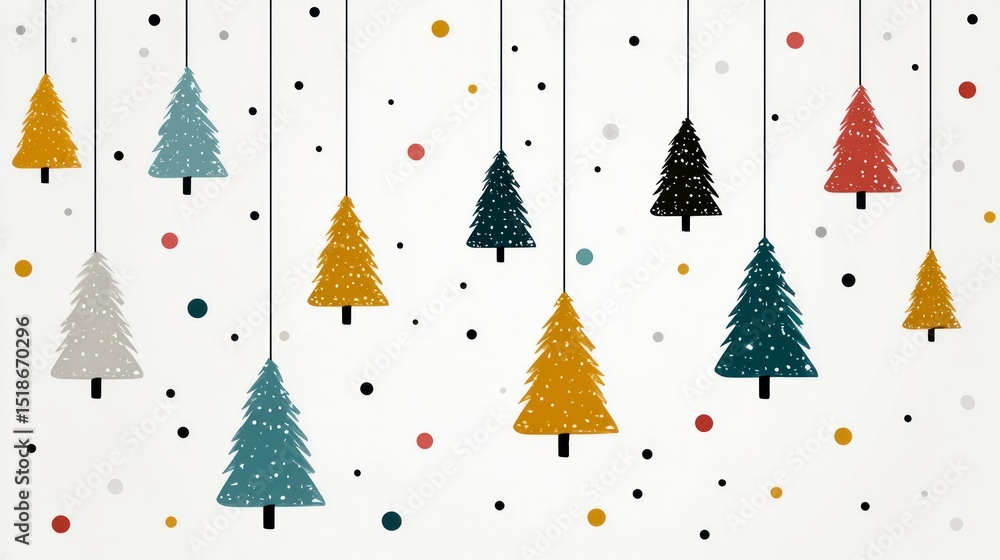 Festive Hanging Trees with Snowflakes and Colorful Dots for Winter and Holiday Designs Festive Hanging Trees with Snowflakes and Colorful Dots for Winter and Holiday Designs