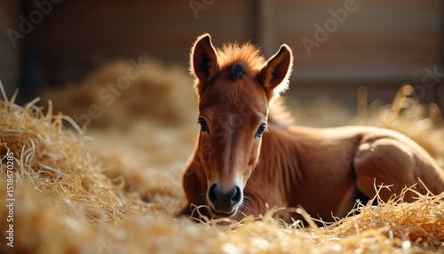 Cute baby foal resting in haystack. Young brown horse at farm. Foal lies in straw, enjoys sunlight. Concept of animal care, agriculture, farming. enjoying rest.