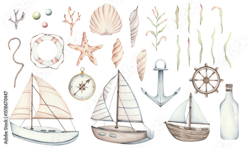 a set of watercolor illustrations of the sea, ships