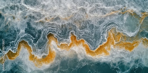 Aerial top view of turquoise sea waves meeting sandy beach, captured by drone. Natural landscape, abstract texture suitable for banner, poster, or wallpaper.