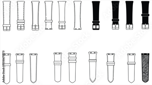 Vector illustration of diverse watch strap designs, showcasing various buckle types and materials, perfect for fashion, accessory, and wearable technology-related graphic projects.