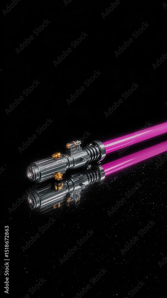 Naklejka premium Purple Lightsaber Reflecting on a Glossy Surface in a Dark Setting