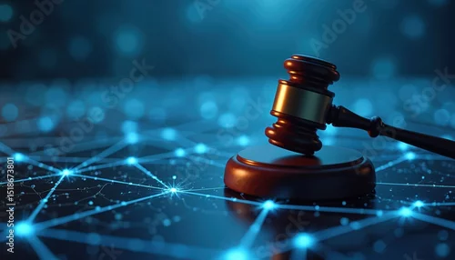 Tapety Wooden gavel resting on network of glowing blue lines. Symbol of law tech, justice, innovation. Legal system concept, cyber law, online security. Digital court, modern legal tech.