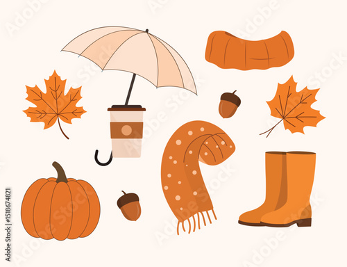 Autumn season vector clipart in minimal style- pumpkin, maple leaves, acorn, coffee