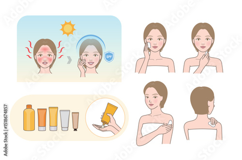Different types of suncream, process of applying suncream on face and body(before and after comparison)
