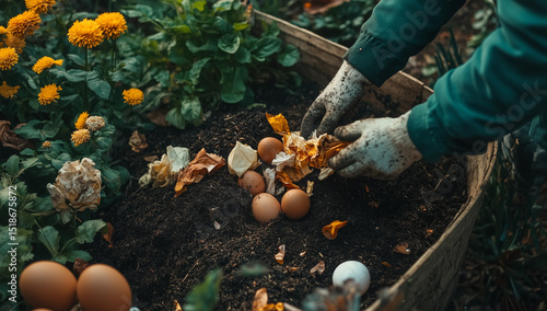 Hands composting eggshells into flower garden, recycling organic waste for sustainable living fertilizer. Generative AI