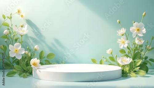 Minimalistic white round podium showcase product. Delicate white flowers, green leaves surround pedestal. Fresh spring design, elegant display for beauty products, cosmetics, jewelry. Tender, serene,