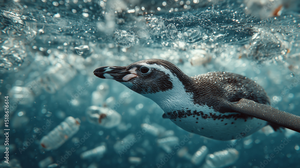 Fototapeta premium Penguin swims gracefully among discarded plastic bottles in ocean waters