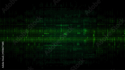 Abstract digital background with a green glitch pixel texture. black backdrop. binary code. data transfer concept. vector illustration. and technology concept. tech or cyber design.