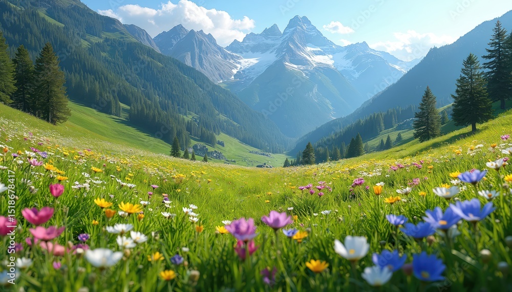 Obraz premium Majestic mountain meadow with wildflowers. Stunning panoramic view of landscape. Green meadow, colorful flowers, towering mountain range under blue sky. Nature background.