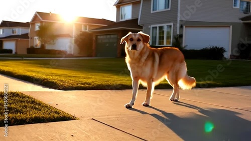 Golden dog on sidewalk in front of suburban homes at sunset