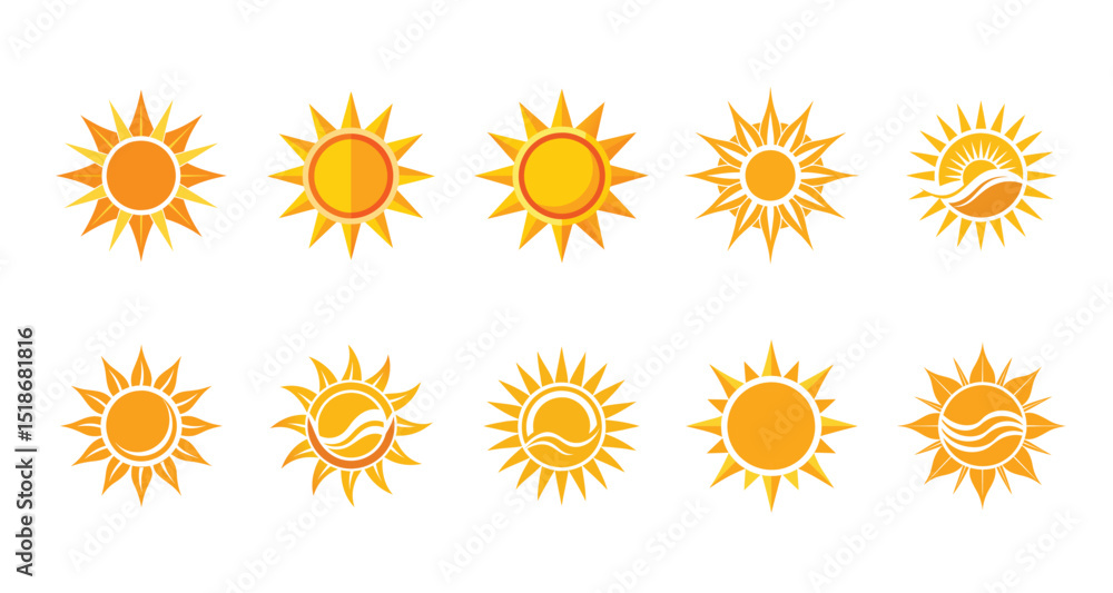Sun vector set illustration. Sun simple icons collection. Yellow sun icon set, sunshine and solar glow, sunrise or sunset. Sun vector set illustration. Sun simple icons collection. Yellow sun icon set, sunshine and solar glow, sunrise or sunset.