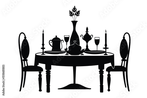 Table and chairs in cafe. Table silhouette vector art illustration. Set of kitchen utensils. dining room table.