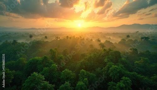 Fototapeta Naklejka Na Ścianę i Meble -  Stunning green Amazon rainforest landscape at sunrise. Golden sun shines, creating warm light in dense jungle. Lush tropical rainforest, mountain range, amazing sunrise colors, travel destinations.