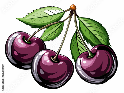 vector of Black cherries with isolated leaves on white.