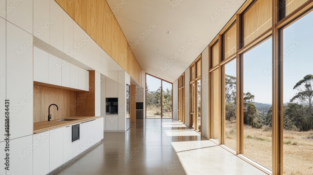 Fototapeta premium Modern house interior with expansive windows.