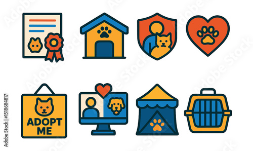Flat vector icons of adoption and shelters: pet adoption certificate, animal shelter building, foster care badge, rescue heart icon, adopt-me sign, match a pet icon, adoption event tent, welcome home