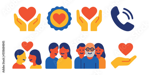 Flat vector icons of love and connection: heartwarming care icon, love and kindness badge, caring hands symbol, connection call, shared moment icon, smiling elder with family, heart in home symbol,