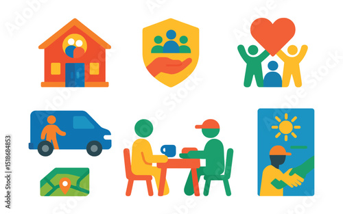 Flat vector icons of community-based care: senior center icon, local outreach badge, neighborhood support symbol, community transport van, shared meals program, local volunteer help, senior housing