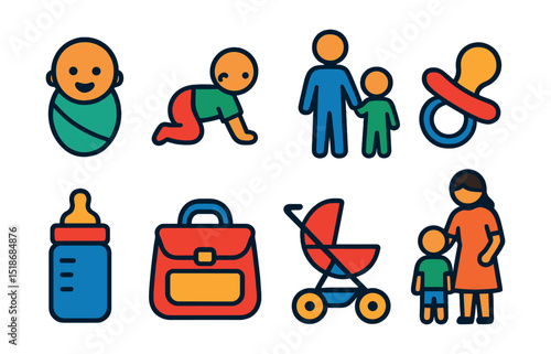 Flat vector icons of early childhood care: baby icon, toddler crawling, child holding hand, pacifier symbol, baby bottle, diaper bag, stroller icon, caregiver with child.