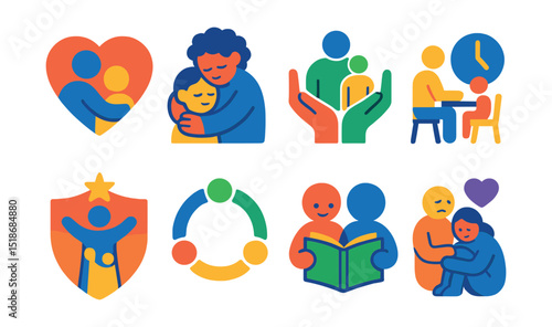 Flat vector icons of bonding and family support: parent and child heart, cuddling icon, family support hands, bonding time symbol, parenting coach badge, trust circle, shared storybook, emotional