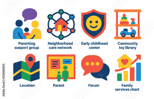 Flat vector icons of childcare support systems and community: parenting support group, neighborhood care network, early childhood center badge, community toy library, local resources icon, shared