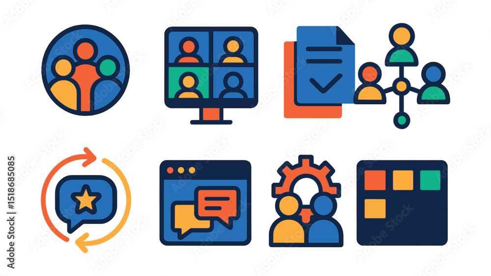 Flat vector icons of collaboration and team management: team avatar circle, virtual meeting screen, shared notes icon, team roles diagram, feedback loop symbol, team chat window, collaboration gear, Flat vector icons of collaboration and team management: team avatar circle, virtual meeting screen, shared notes icon, team roles diagram, feedback loop symbol, team chat window, collaboration gear,
