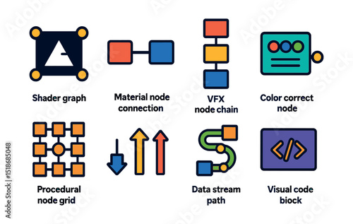 Flat vector icons of node-based workflows: shader graph icon, material node connection, VFX node chain, color correct node, procedural node grid, logic input-output arrows, data stream path, visual