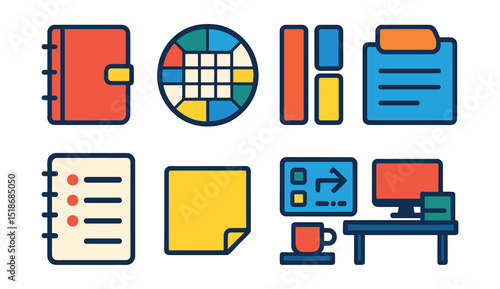 Flat vector icons of planning and organization: planner notebook icon, weekly spread badge, color-coded labels, category divider tab, bullet journal layout, sticky note icon, drag-and-drop organizer,