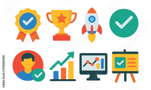 Flat vector icons of success and project outcomes: project complete badge, success trophy, project launch rocket, goal achievement checkmark, client approval icon, ROI chart, performance metrics icon